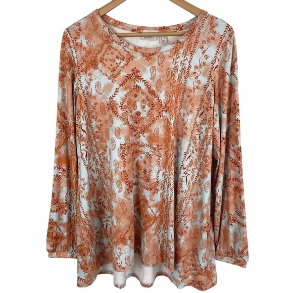 Logo Lori Goldstein Tunic Size Large Coral Fall Pockets Boho Print Top Shirt - Picture 1 of 12